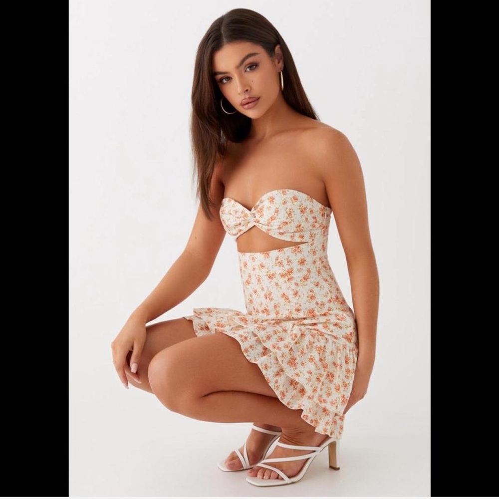 Peppermayo Elowen Daisy Mini Dress White Ditsy Floral Strapless Cutout Linen mix
